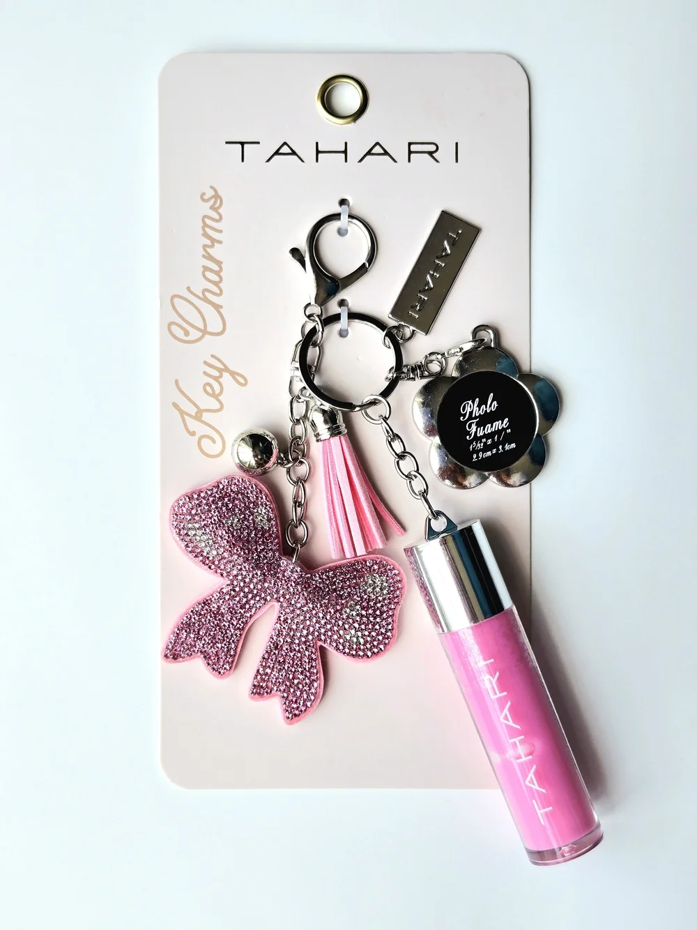 Tahari Pink Rhinestone Bow Keychain Lip Gloss & Photo Frame Bag Charm, Tassel